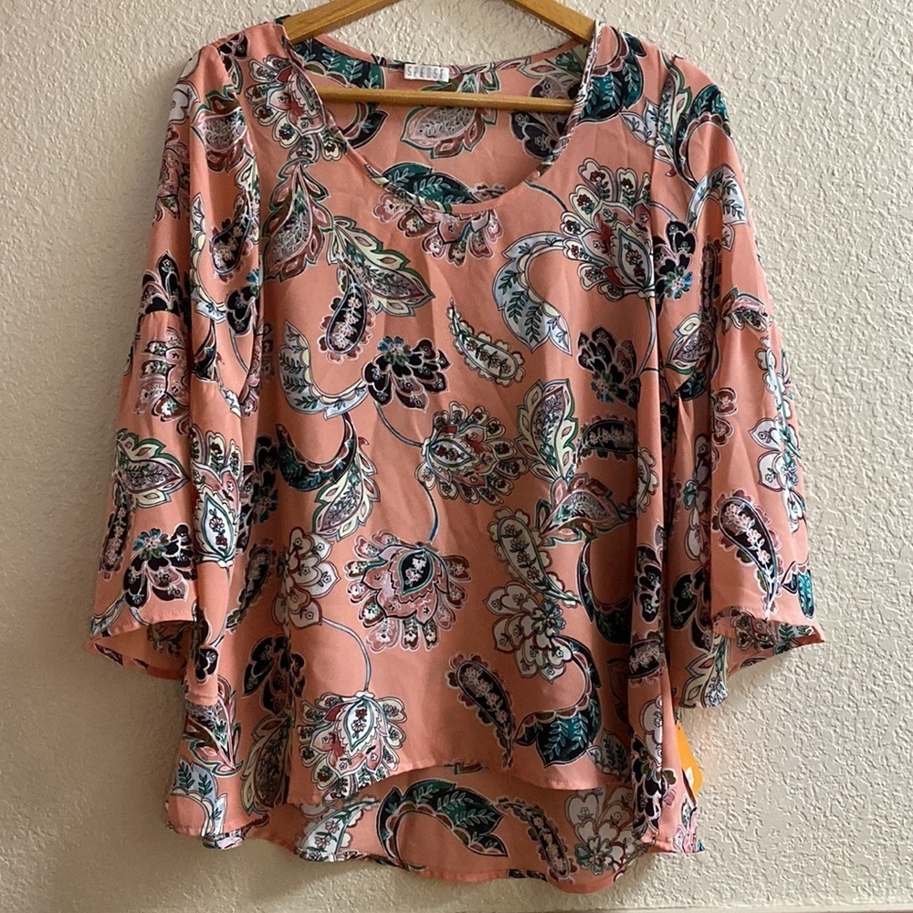 SPENSE peach paisley Chiffon bell sleeve Tunic Top
